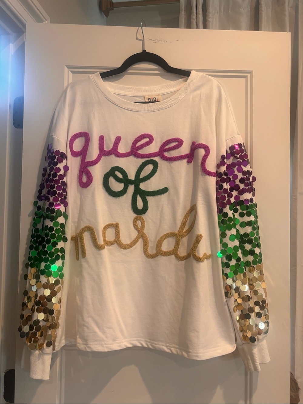BiBi White "Queen of Mardi" Sequin Sleeve Top